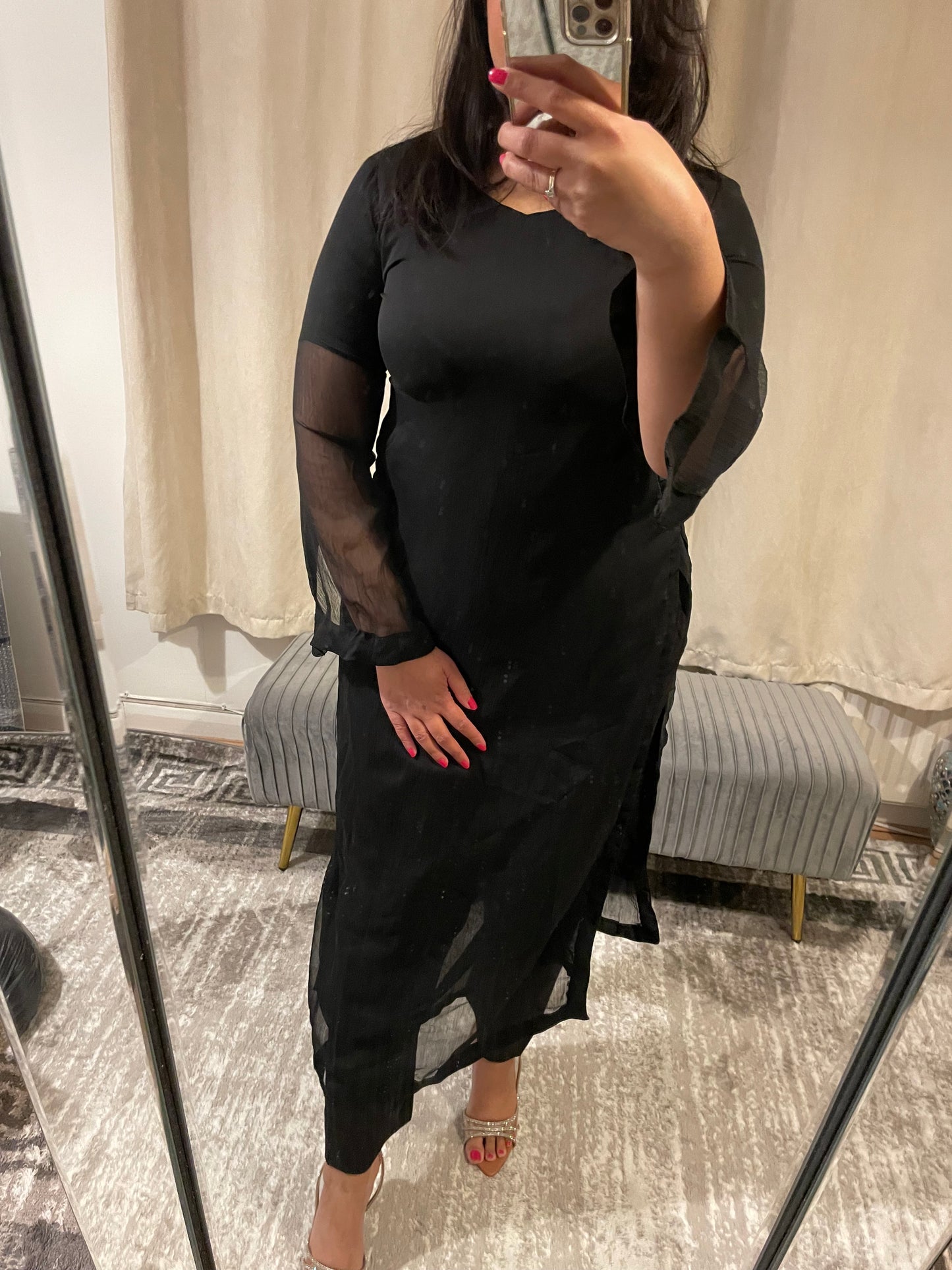 Black chiffon two piece dress with grip trouser